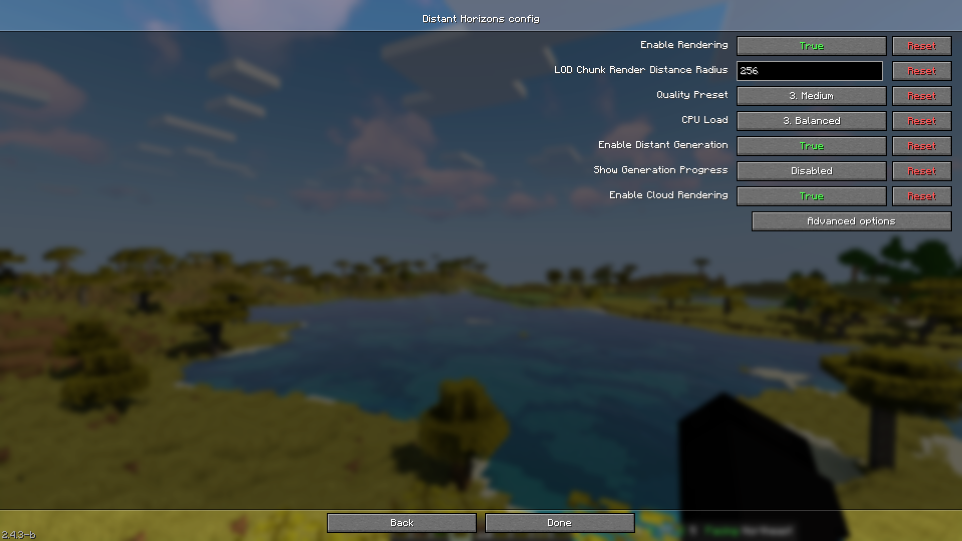 功能开启时的设置界面：Render Clouds为ON