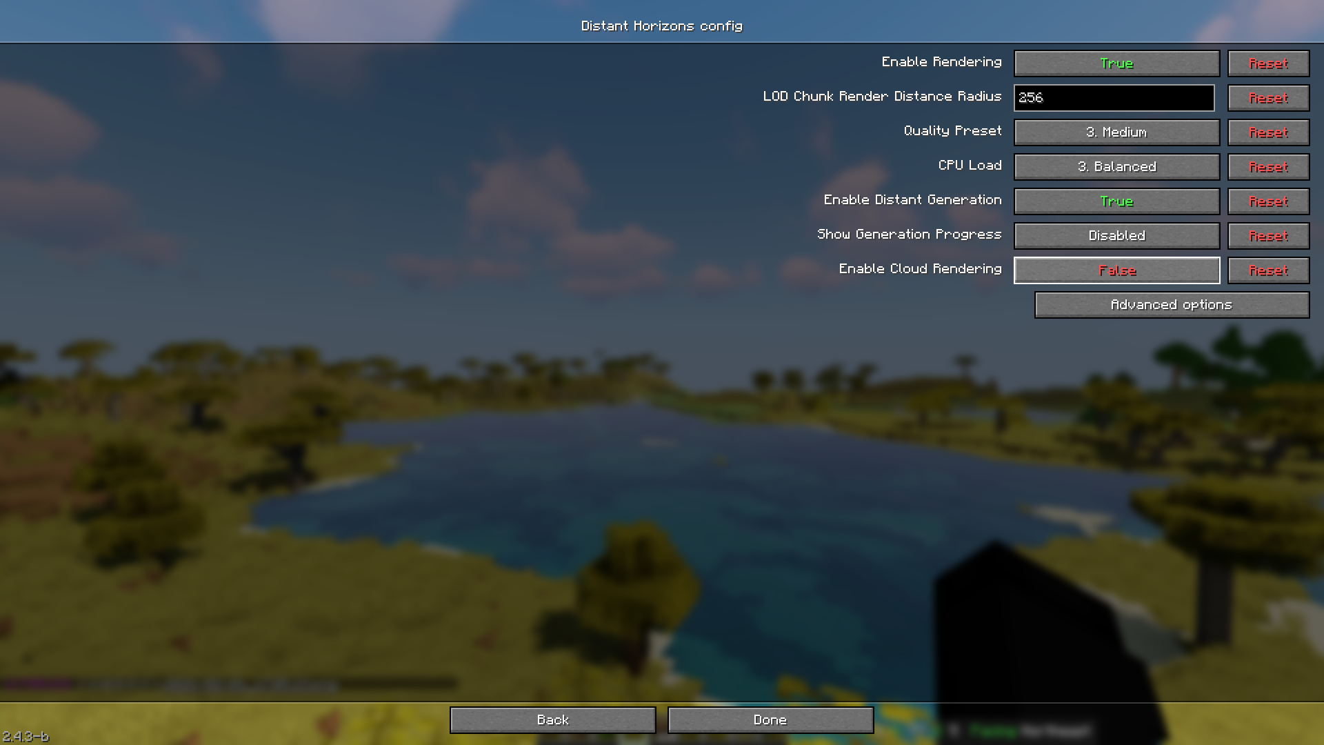 功能关闭后的设置界面：Render Clouds为OFF